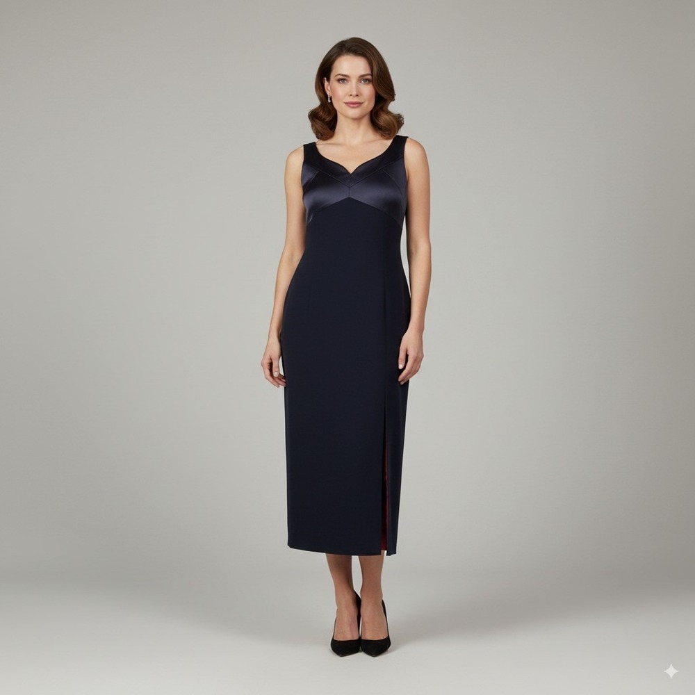Tahari Navy‎ Blue V-Neck Sleeveless Midi Dress Sz 10 Side Slit Cocktail Evening